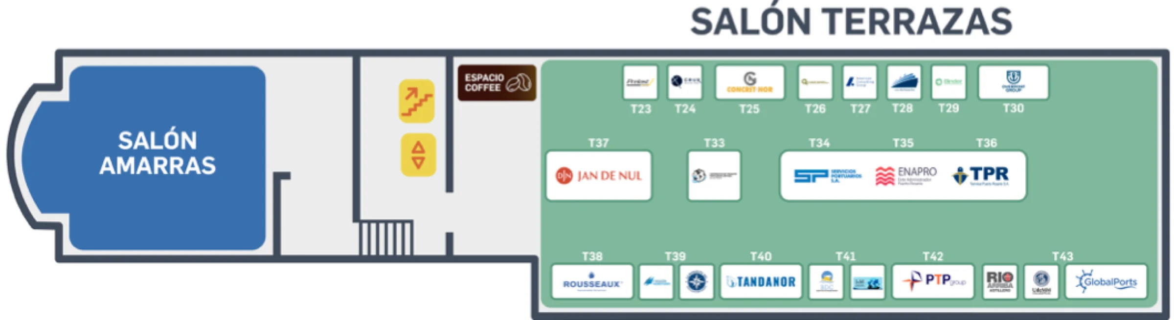 Plano de la planta alta: Salón Amarras y Salón Terrazas con los stands T23 a T43 y el logo de cada expositor
