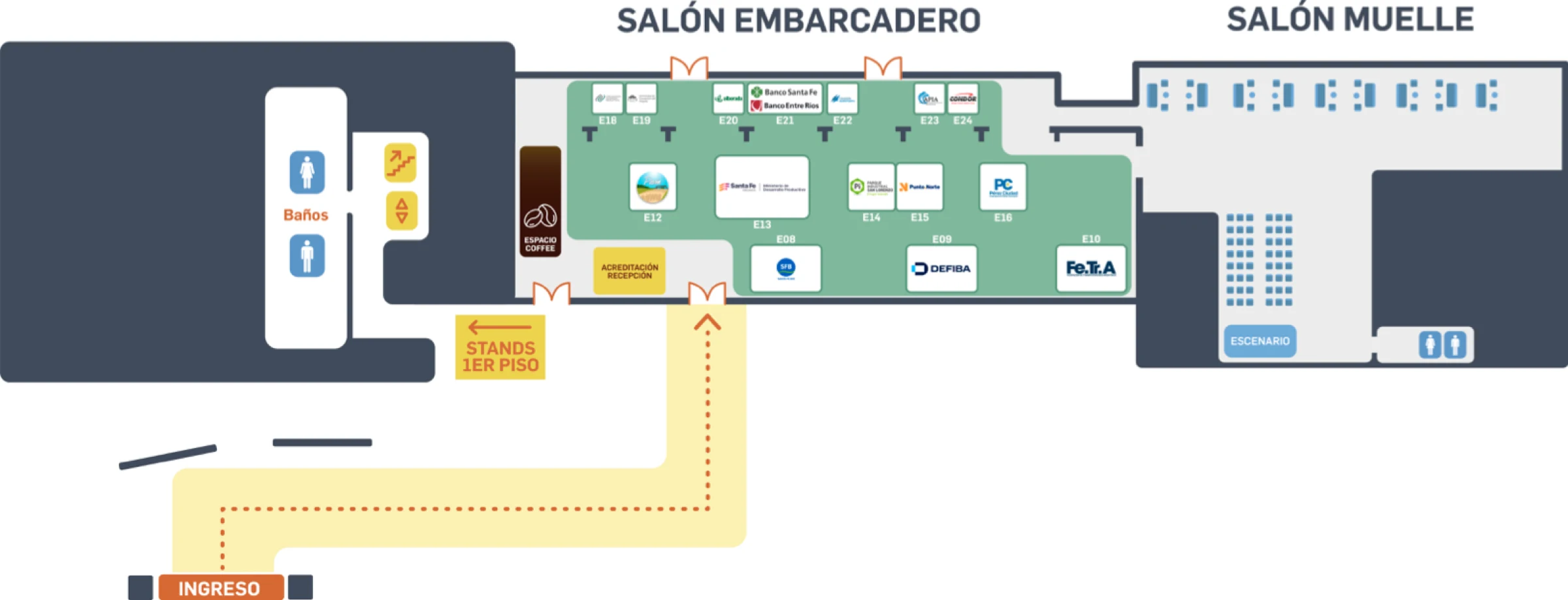 Plano de la planta baja: ingreso, acreditación y recepción, Salón Embarcadero con los stands E08 a E24 y el logo de cada expositor, y Salón Muelle con su escenario y butacas