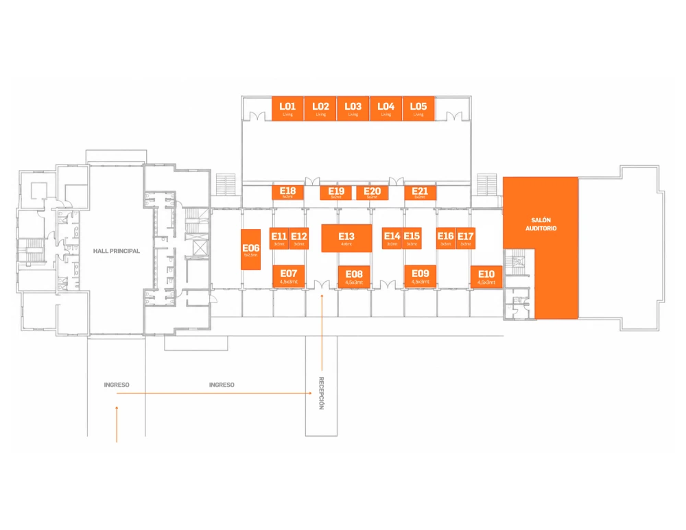 Plano técnico de la Planta Baja, Salón Embarcadero, con la numeración de stands E06 a E21 y los espacios L01 a L05