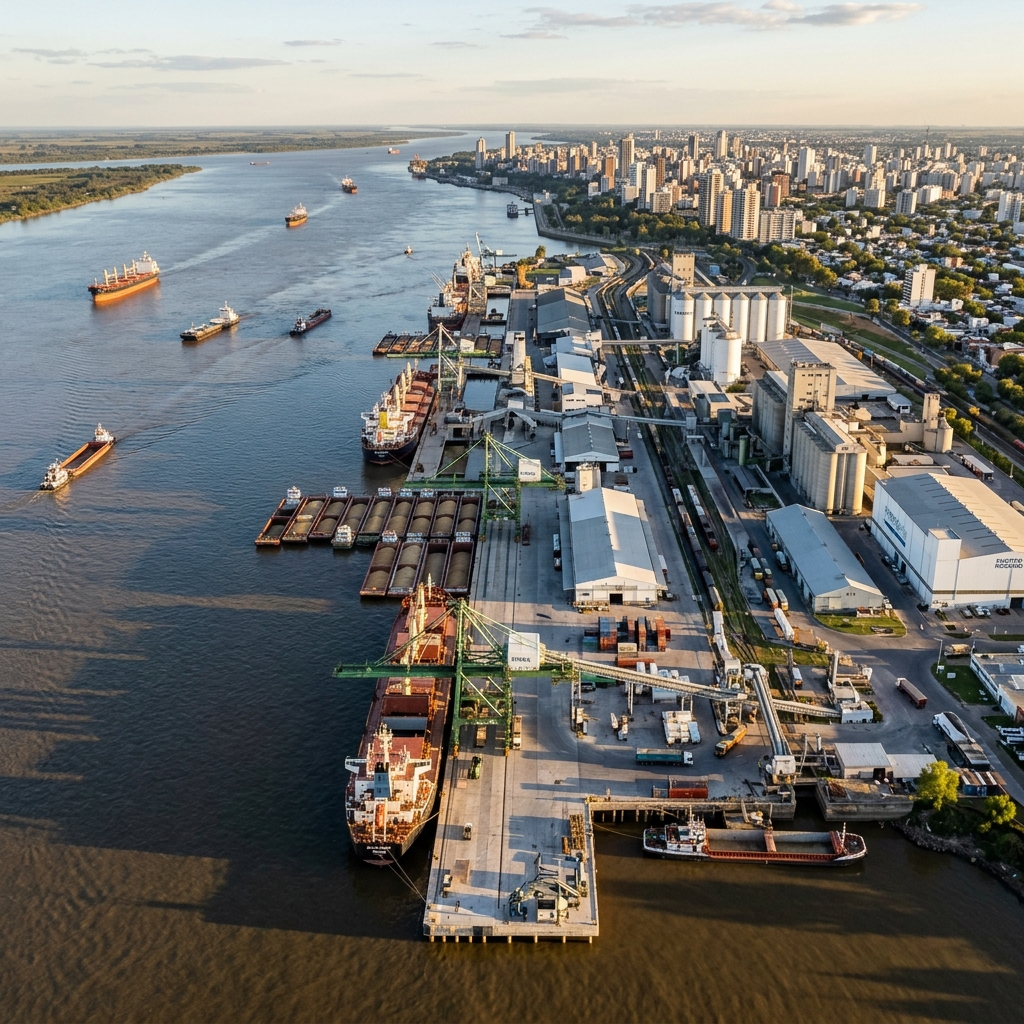 Vista aérea de la Terminal Fluvial de Rosario sobre el río Paraná